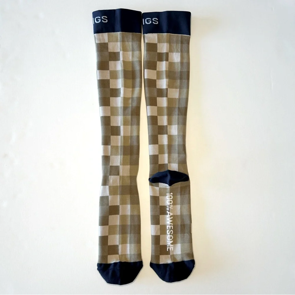 FIGS New Checks Compression Socks 100% AWESOME Small Tan Navy Blue White